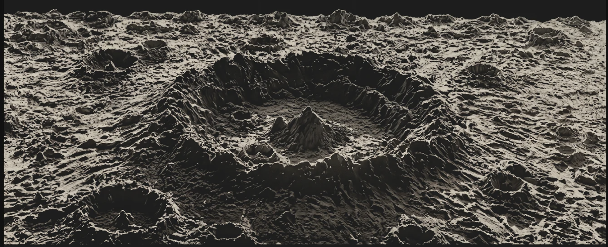 Monochrome photograph of a lunar impact crater with a central peak