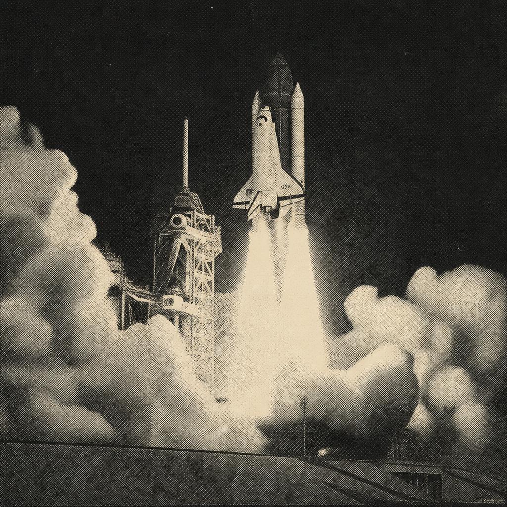 Halftone illustration of a shuttle launch